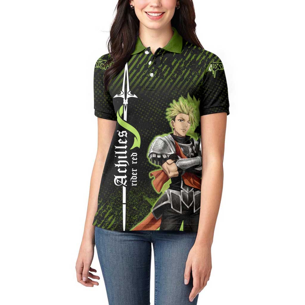 Achilles Fate Apocrypha Theme Women Polo Shirt with Spear Pose and Green Black Grunge Graphic Design - The Mazicc