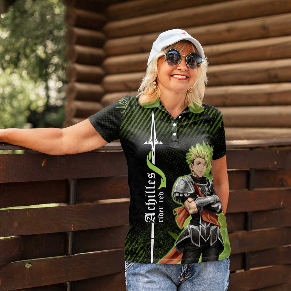 Achilles Fate Apocrypha Theme Women Polo Shirt with Spear Pose and Green Black Grunge Graphic Design - The Mazicc