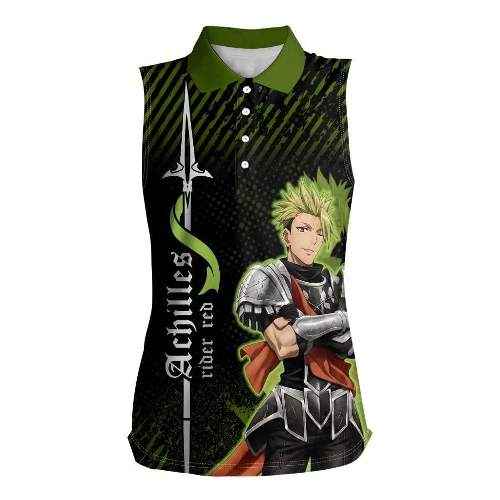 Achilles Fate Apocrypha Theme Women Sleeveless Polo Shirt with Spear Pose and Green Black Grunge Graphic Design - The Mazicc