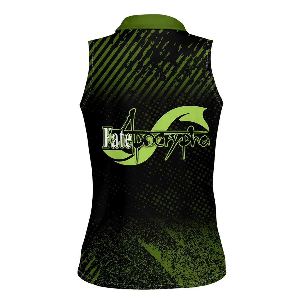 Achilles Fate Apocrypha Theme Women Sleeveless Polo Shirt with Spear Pose and Green Black Grunge Graphic Design - The Mazicc