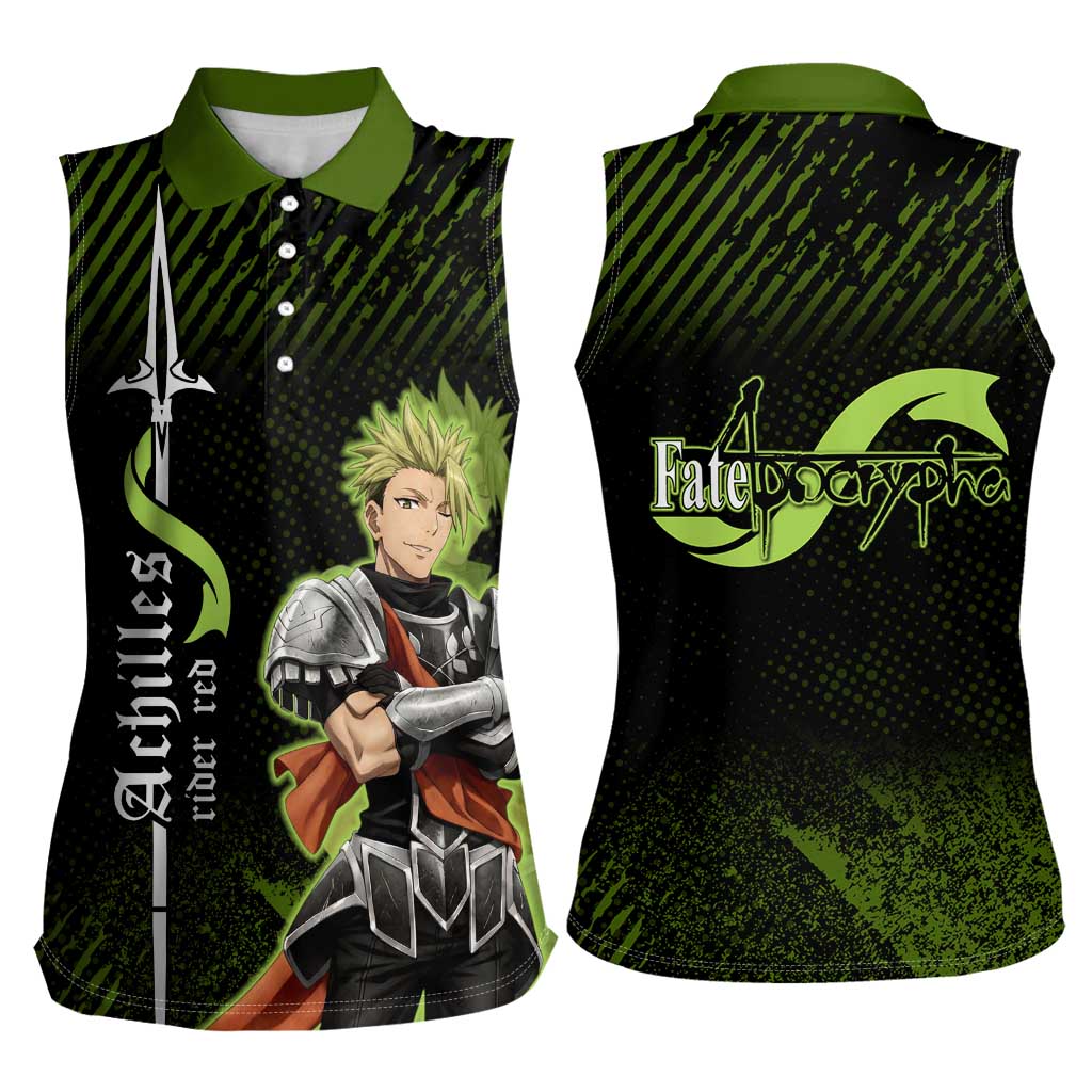 Achilles Fate Apocrypha Theme Women Sleeveless Polo Shirt with Spear Pose and Green Black Grunge Graphic Design - The Mazicc