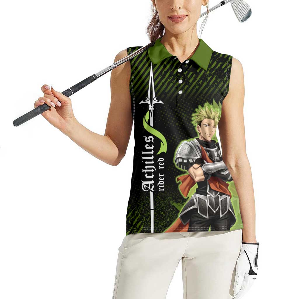 Achilles Fate Apocrypha Theme Women Sleeveless Polo Shirt with Spear Pose and Green Black Grunge Graphic Design - The Mazicc