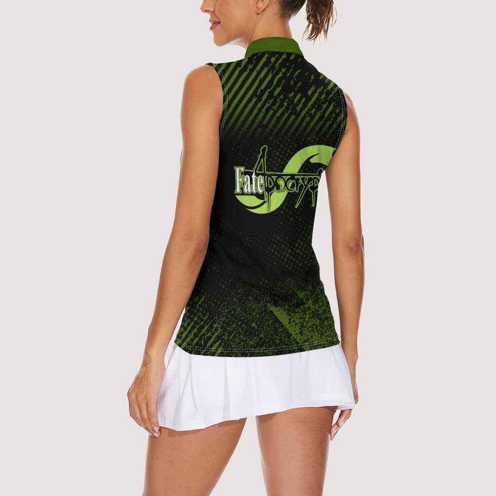Achilles Fate Apocrypha Theme Women Sleeveless Polo Shirt with Spear Pose and Green Black Grunge Graphic Design - The Mazicc