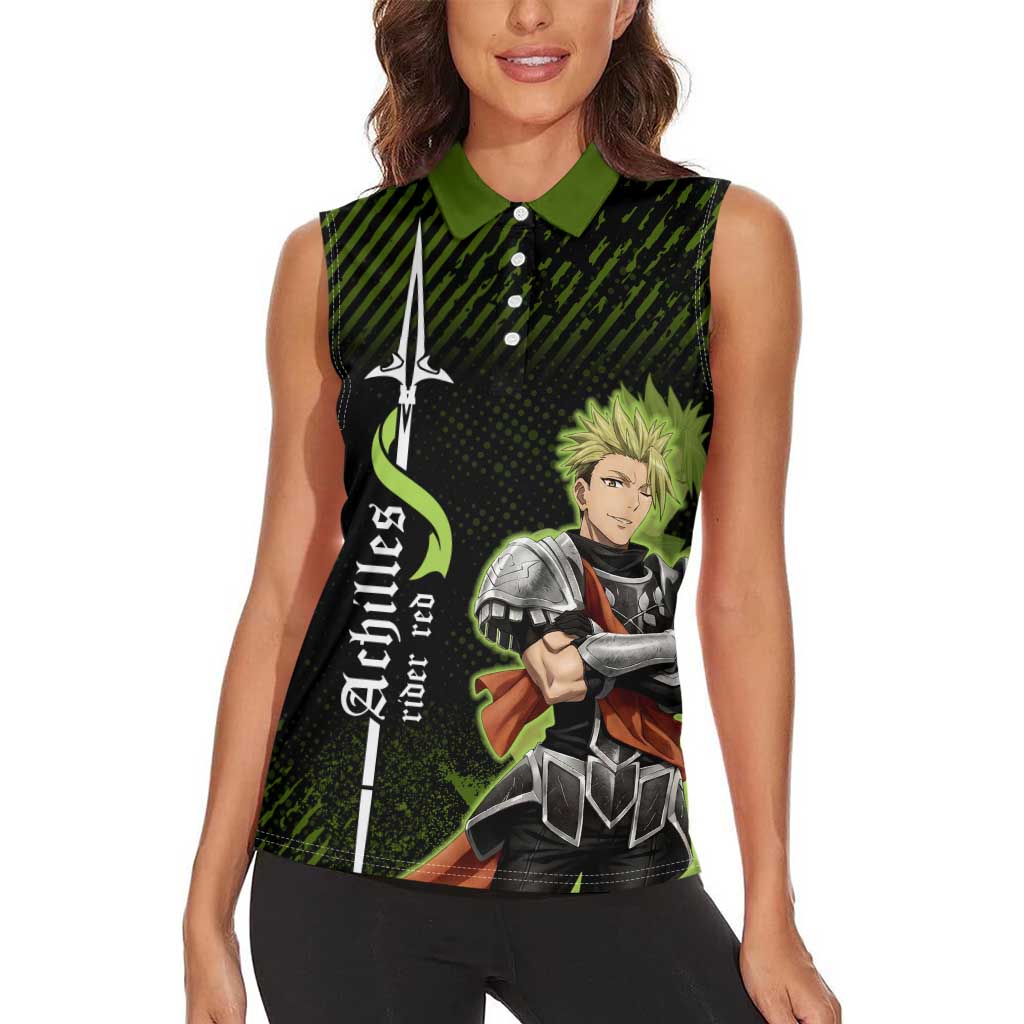 Achilles Fate Apocrypha Theme Women Sleeveless Polo Shirt with Spear Pose and Green Black Grunge Graphic Design - The Mazicc