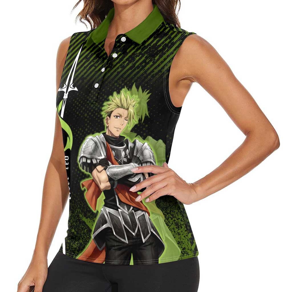 Achilles Fate Apocrypha Theme Women Sleeveless Polo Shirt with Spear Pose and Green Black Grunge Graphic Design - The Mazicc