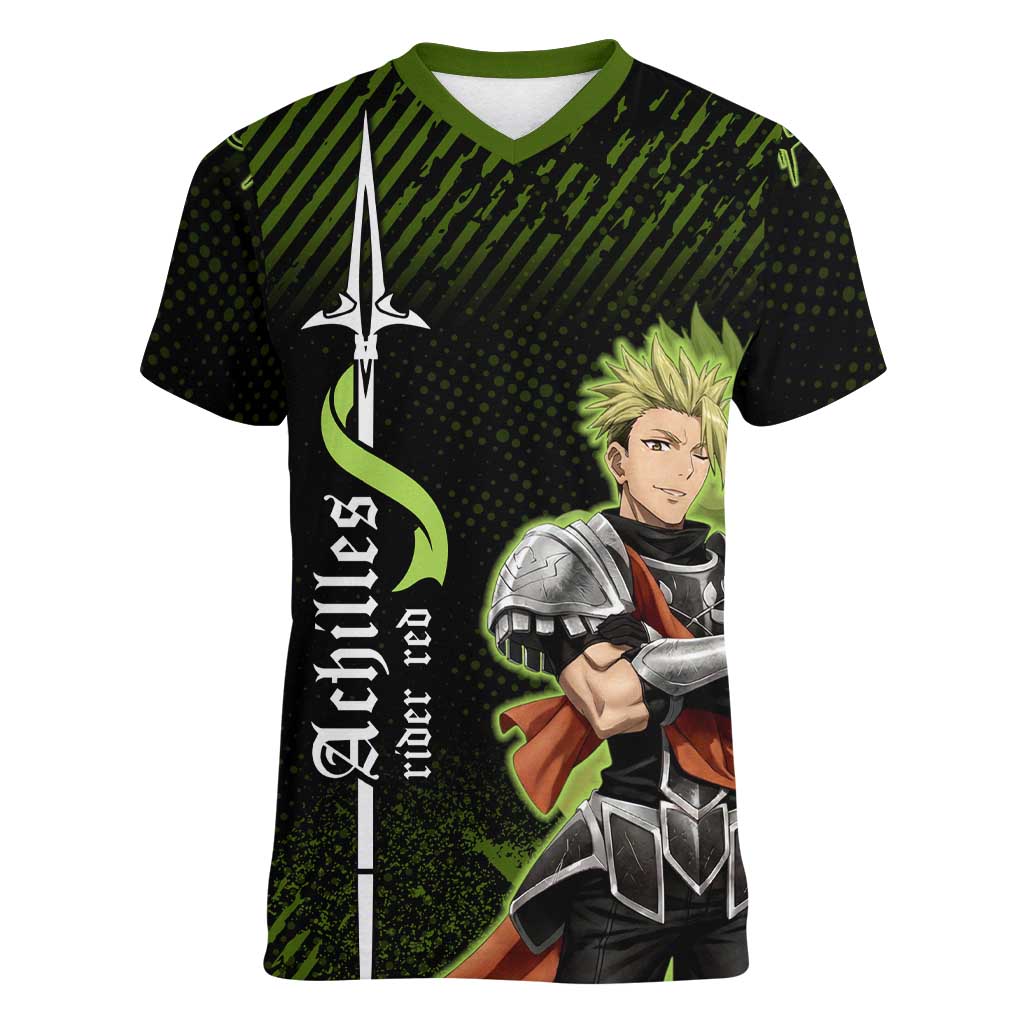 Achilles Fate Apocrypha Theme Women V-Neck T-Shirt with Spear Pose and Green Black Grunge Graphic Design - The Mazicc