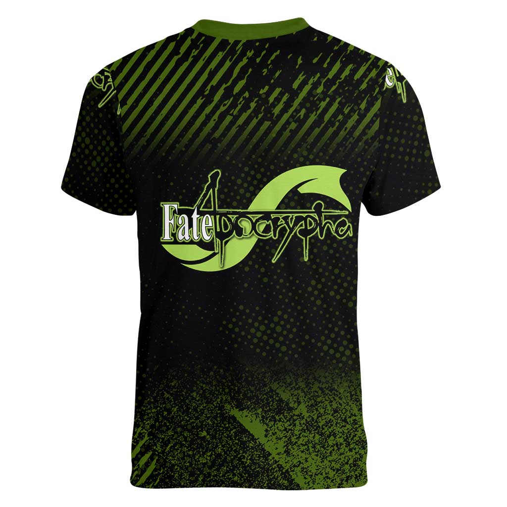 Achilles Fate Apocrypha Theme Women V-Neck T-Shirt with Spear Pose and Green Black Grunge Graphic Design - The Mazicc