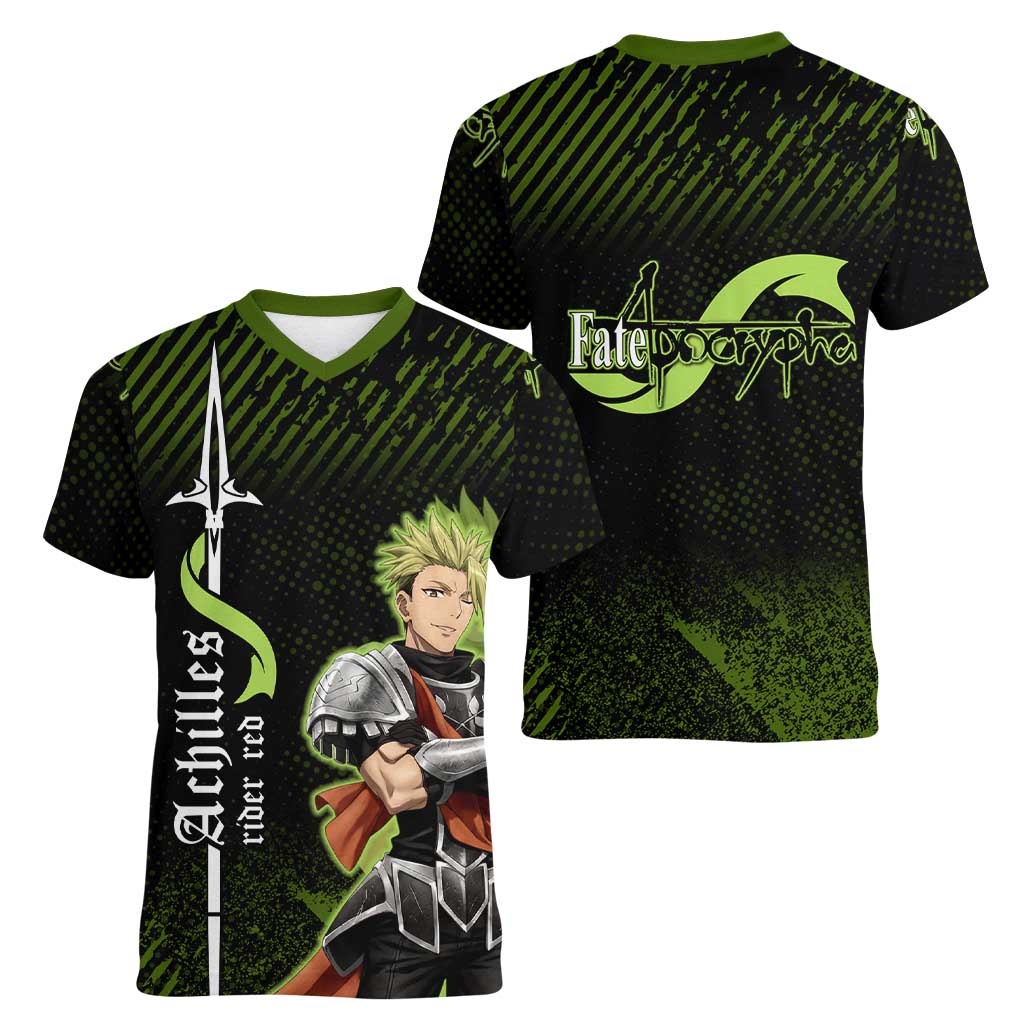 Achilles Fate Apocrypha Theme Women V-Neck T-Shirt with Spear Pose and Green Black Grunge Graphic Design - The Mazicc