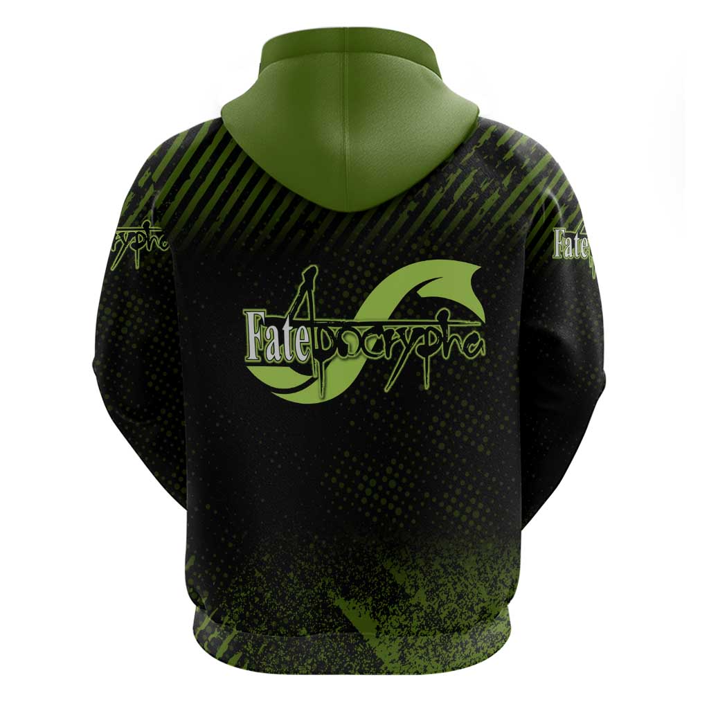 Achilles Fate Apocrypha Theme Zip Hoodie with Spear Pose and Green Black Grunge Graphic Design - The Mazicc