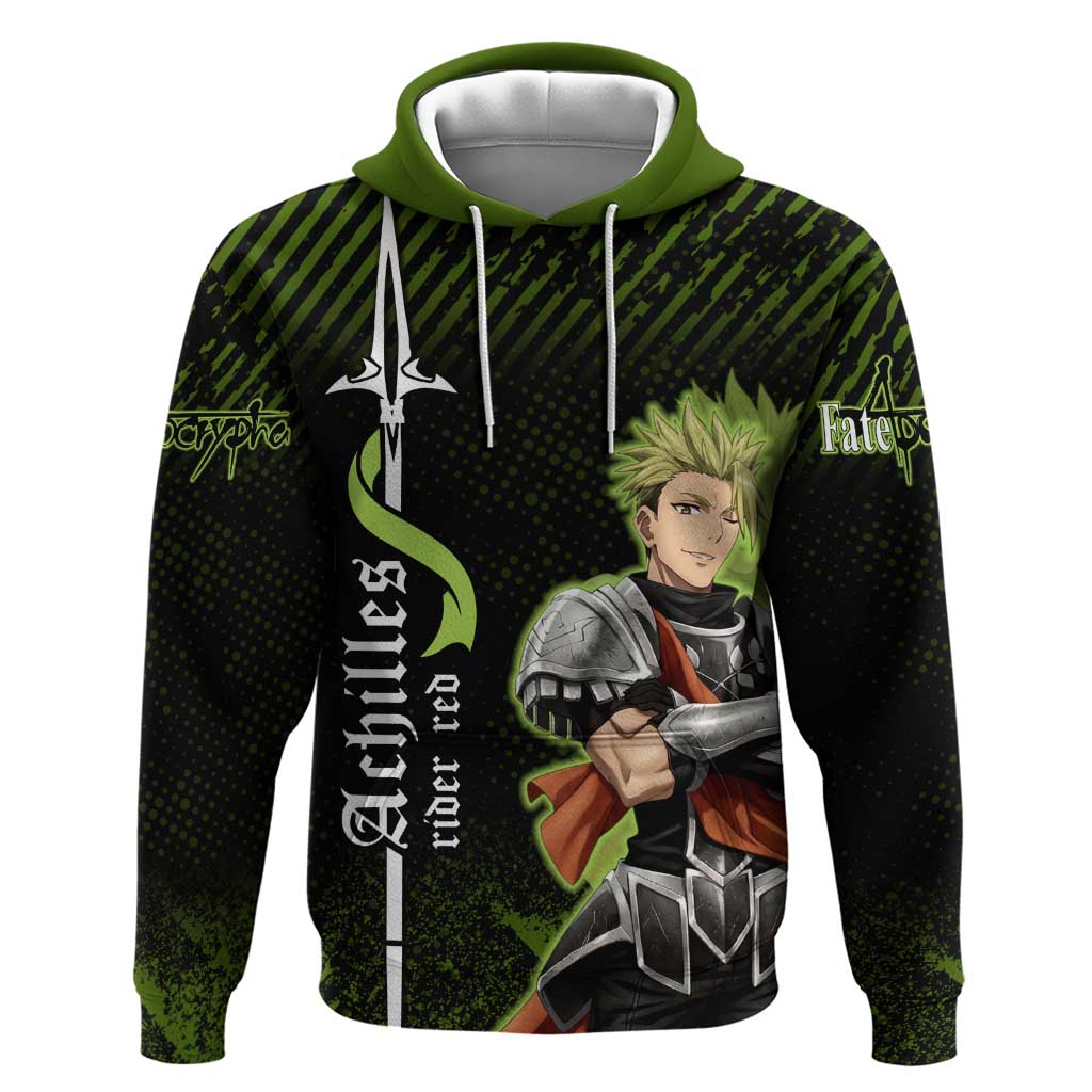 Achilles Fate Apocrypha Theme Zip Hoodie with Spear Pose and Green Black Grunge Graphic Design - The Mazicc