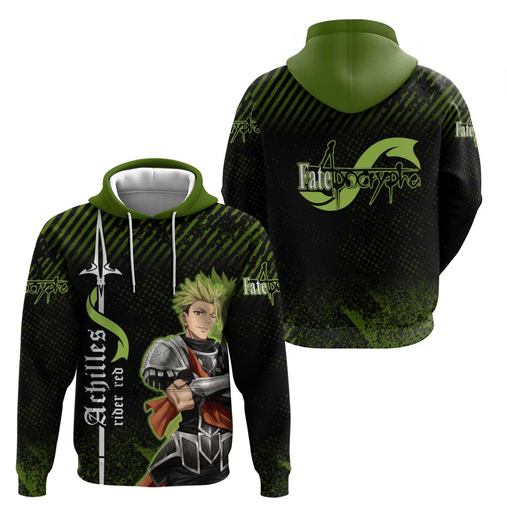 Achilles Fate Apocrypha Theme Zip Hoodie with Spear Pose and Green Black Grunge Graphic Design - The Mazicc