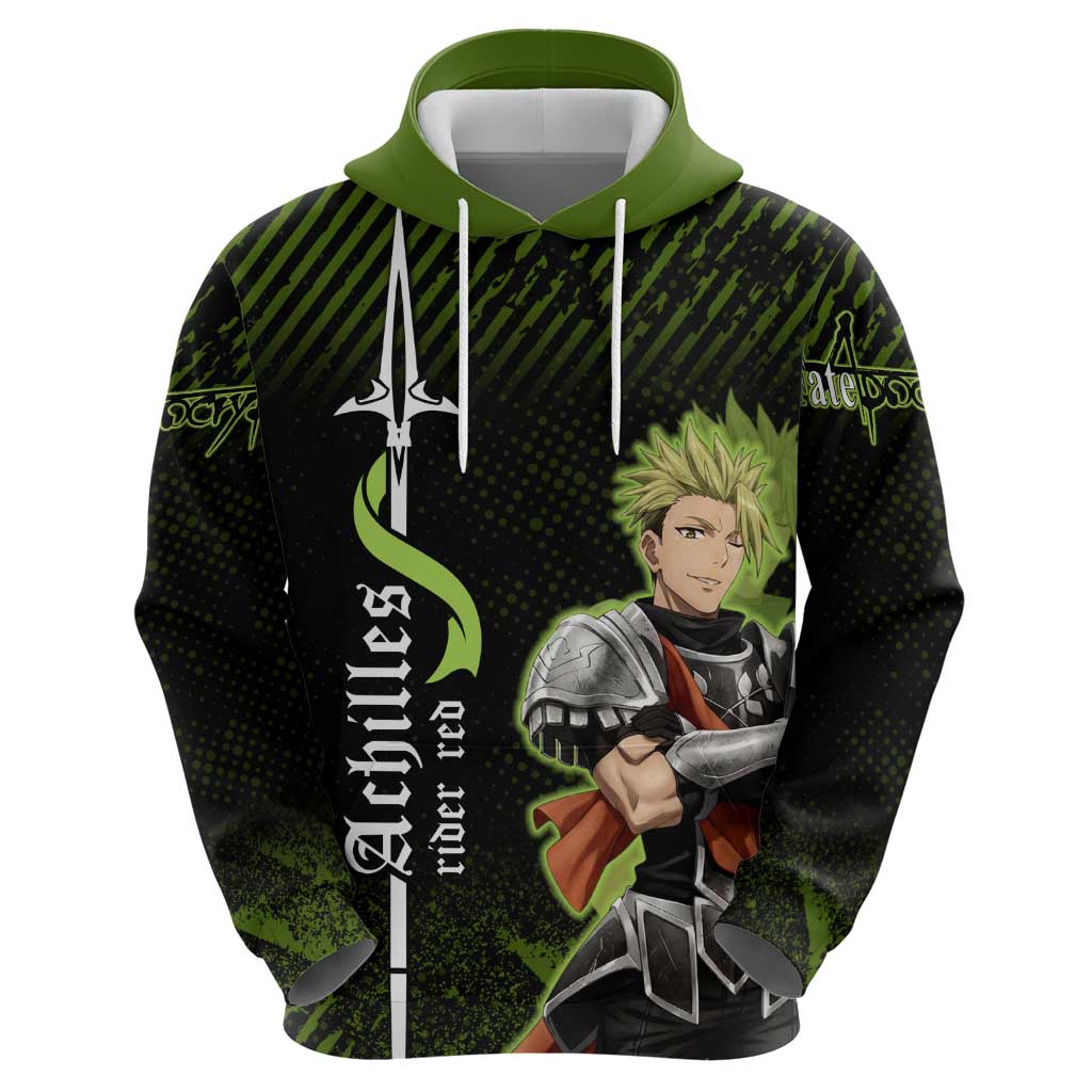 Achilles Fate Apocrypha Theme Zip Hoodie with Spear Pose and Green Black Grunge Graphic Design - The Mazicc