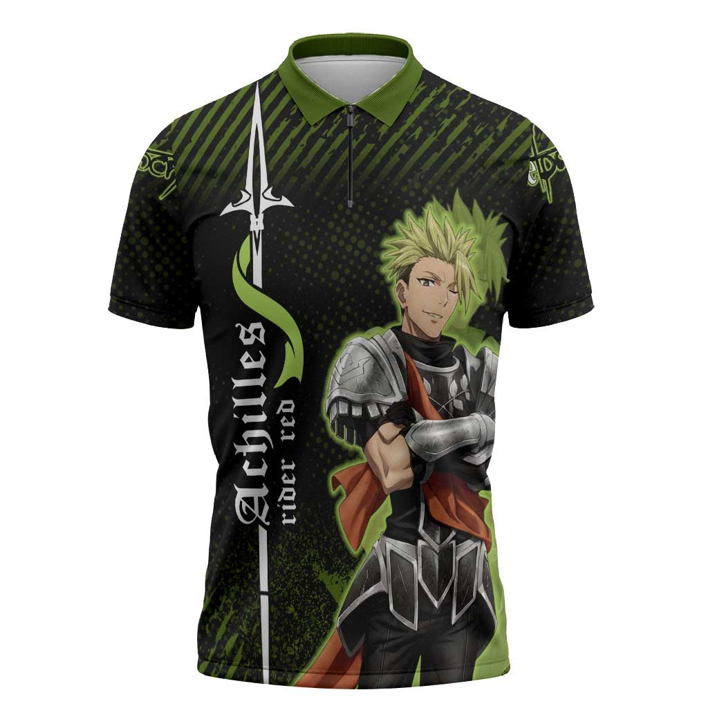Achilles Fate Apocrypha Theme Zipper Polo Shirt with Spear Pose and Green Black Grunge Graphic Design - The Mazicc