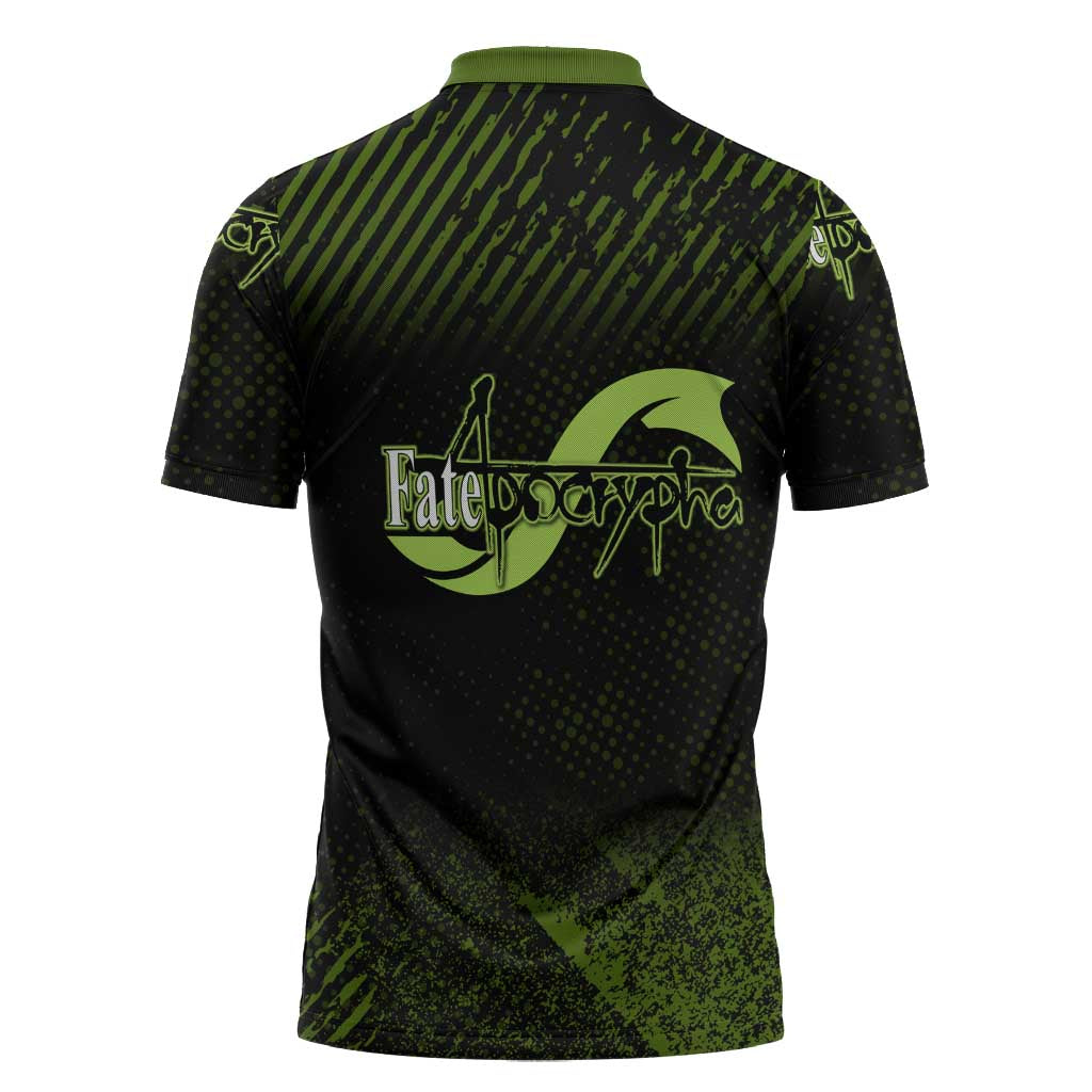Achilles Fate Apocrypha Theme Zipper Polo Shirt with Spear Pose and Green Black Grunge Graphic Design - The Mazicc