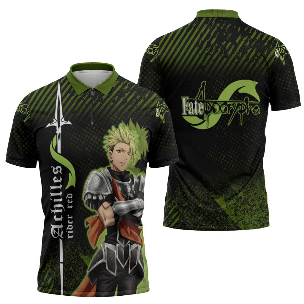 Achilles Fate Apocrypha Theme Zipper Polo Shirt with Spear Pose and Green Black Grunge Graphic Design - The Mazicc