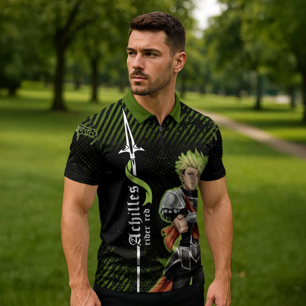 Achilles Fate Apocrypha Theme Zipper Polo Shirt with Spear Pose and Green Black Grunge Graphic Design - The Mazicc