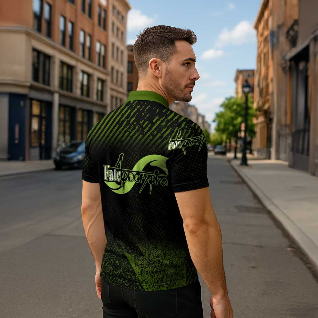 Achilles Fate Apocrypha Theme Zipper Polo Shirt with Spear Pose and Green Black Grunge Graphic Design - The Mazicc
