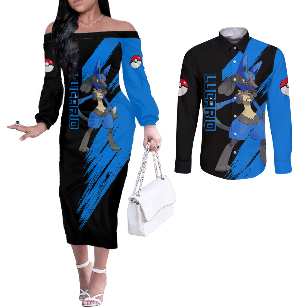 Lucario mix Mega Evolved Couples Matching Off The Shoulder Long Sleeve Dress and Long Sleeve Button Shirt