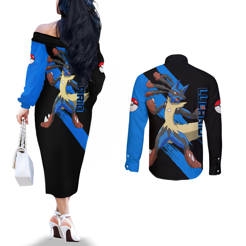 Lucario mix Mega Evolved Couples Matching Off The Shoulder Long Sleeve Dress and Long Sleeve Button Shirt