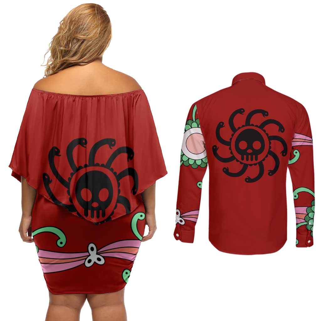 Boa Hancock - One Piece Couples Matching Off Shoulder Short Dress and Long Sleeve Button Shirt Anime Mix Manga Style