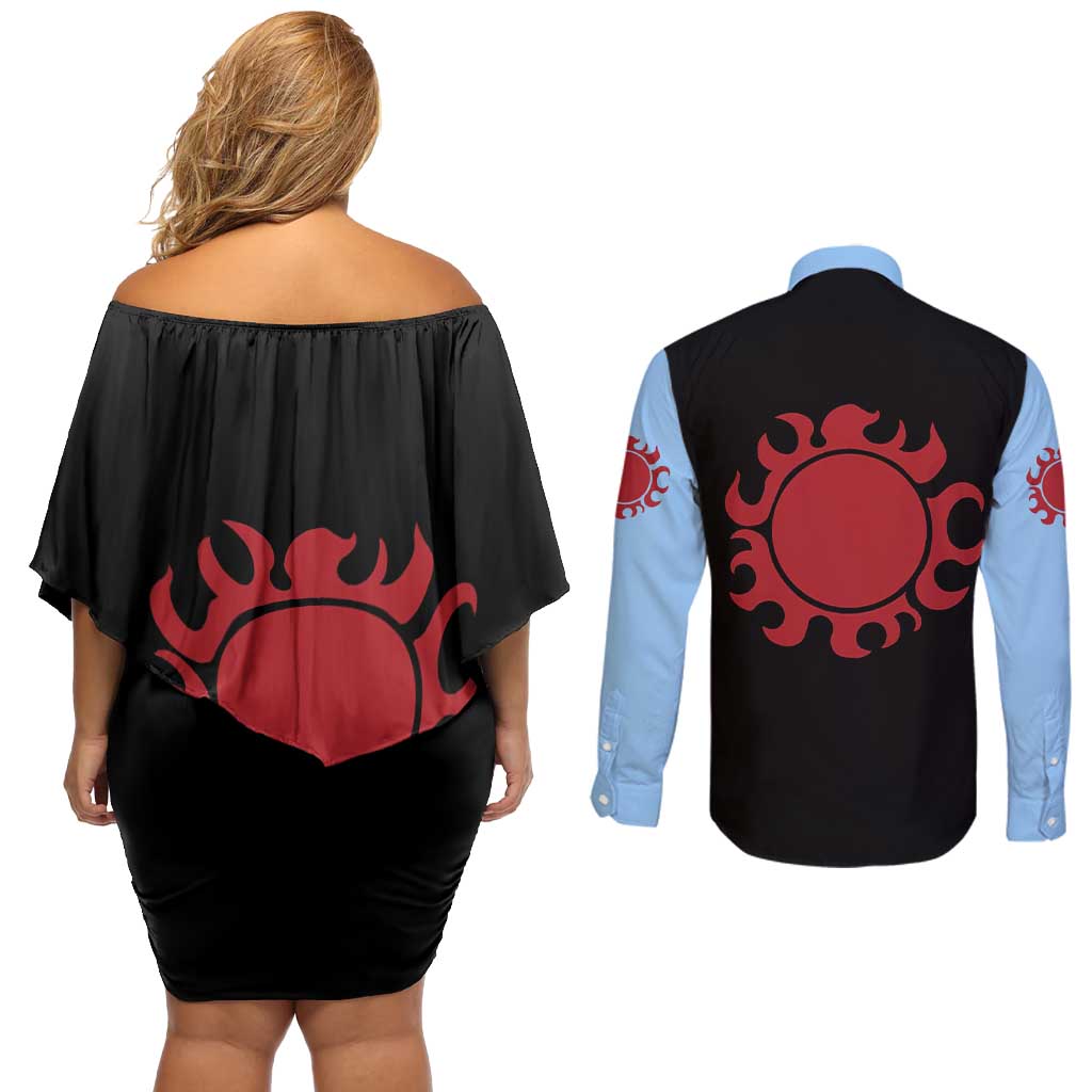 Jinbe - One Piece Couples Matching Off Shoulder Short Dress and Long Sleeve Button Shirt Anime Mix Manga Style