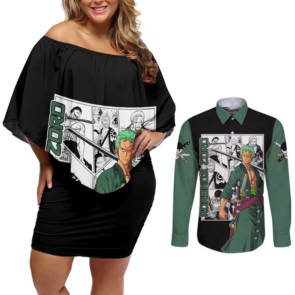 Roronoa Zoro - One Piece Couples Matching Off Shoulder Short Dress and Long Sleeve Button Shirt Anime Mix Manga Style