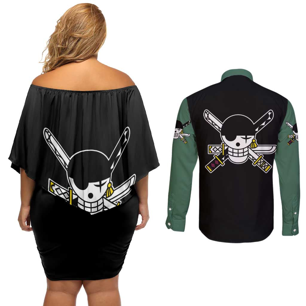 Roronoa Zoro - One Piece Couples Matching Off Shoulder Short Dress and Long Sleeve Button Shirt Anime Mix Manga Style