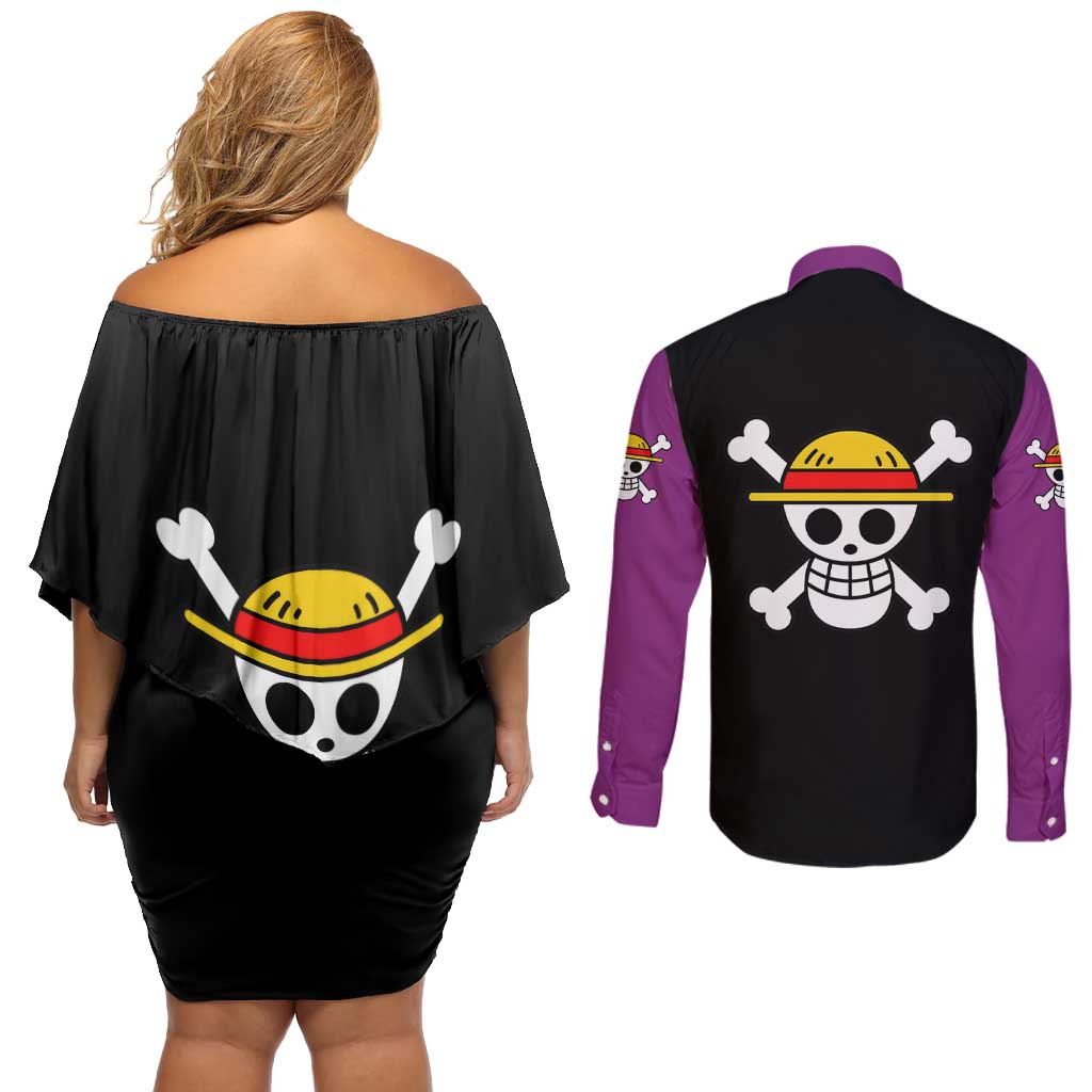 Luffy Gear 4 - One Piece Couples Matching Off Shoulder Short Dress and Long Sleeve Button Shirt Anime Mix Manga Style