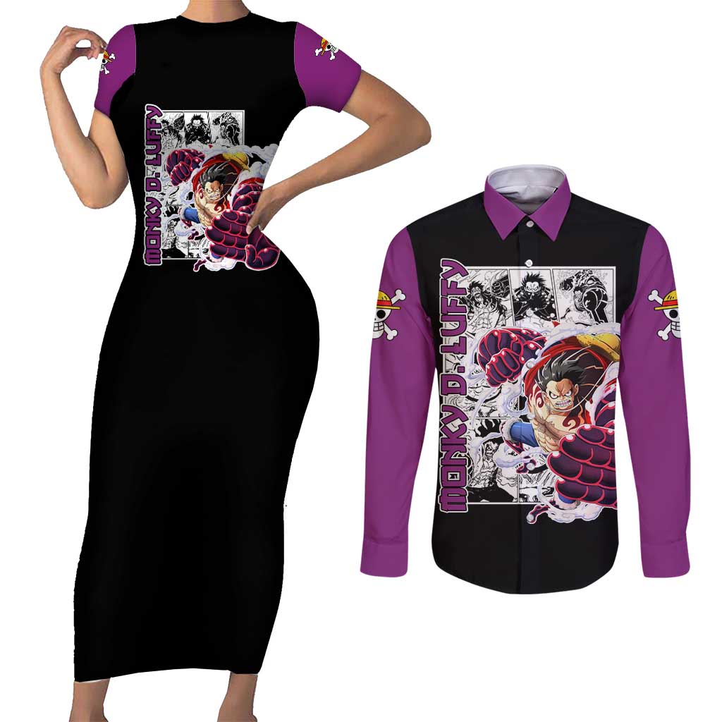 Luffy Gear 4 - One Piece Couples Matching Short Sleeve Bodycon Dress and Long Sleeve Button Shirt Anime Mix Manga Style