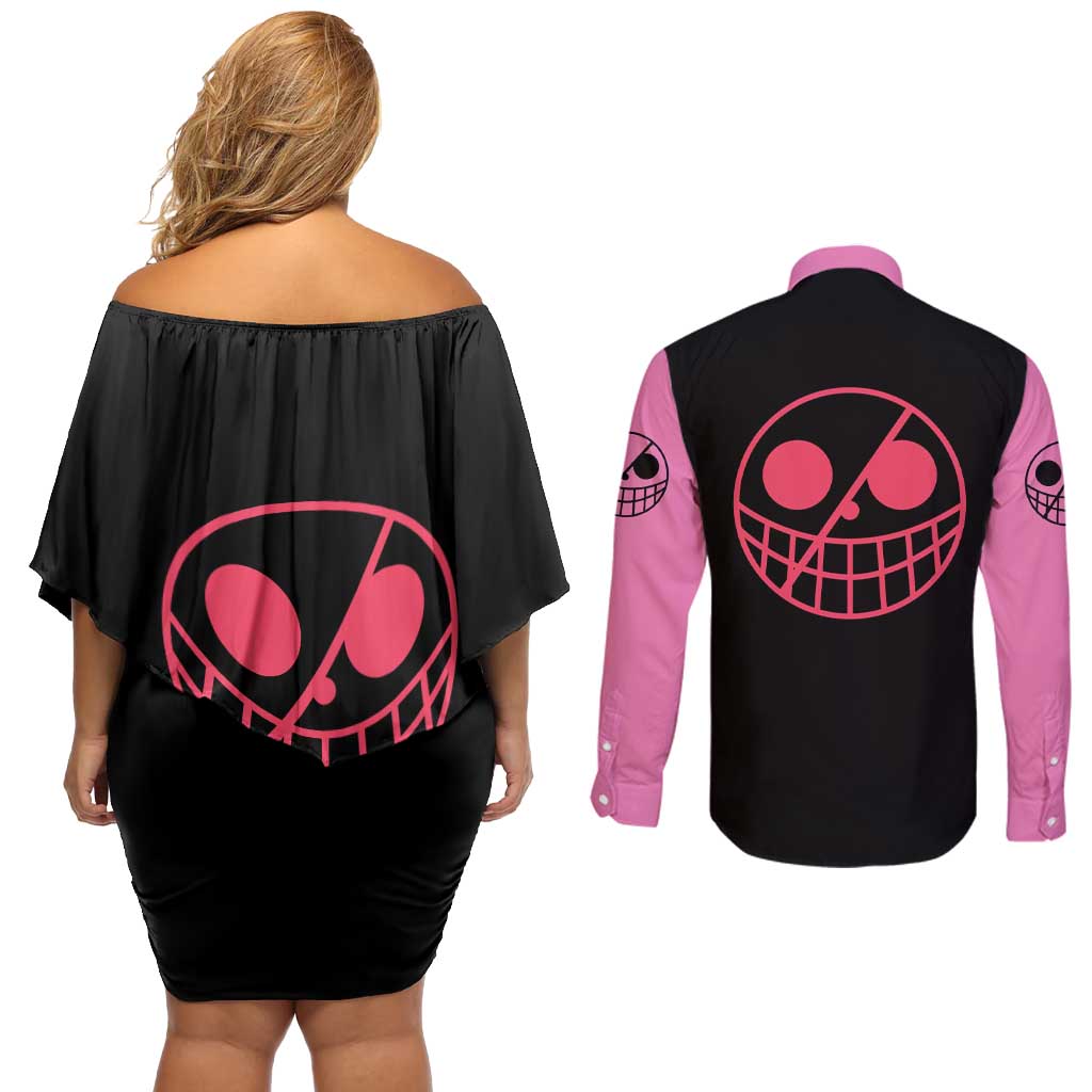 Doflamingo - One Piece Couples Matching Off Shoulder Short Dress and Long Sleeve Button Shirt Anime Mix Manga Style