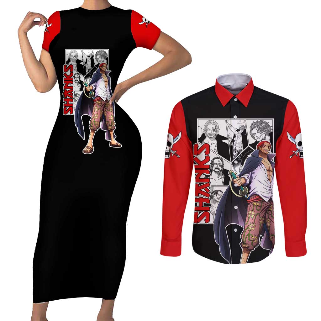 Yonko Shanks - One Piece Couples Matching Short Sleeve Bodycon Dress and Long Sleeve Button Shirt Anime Mix Manga Style