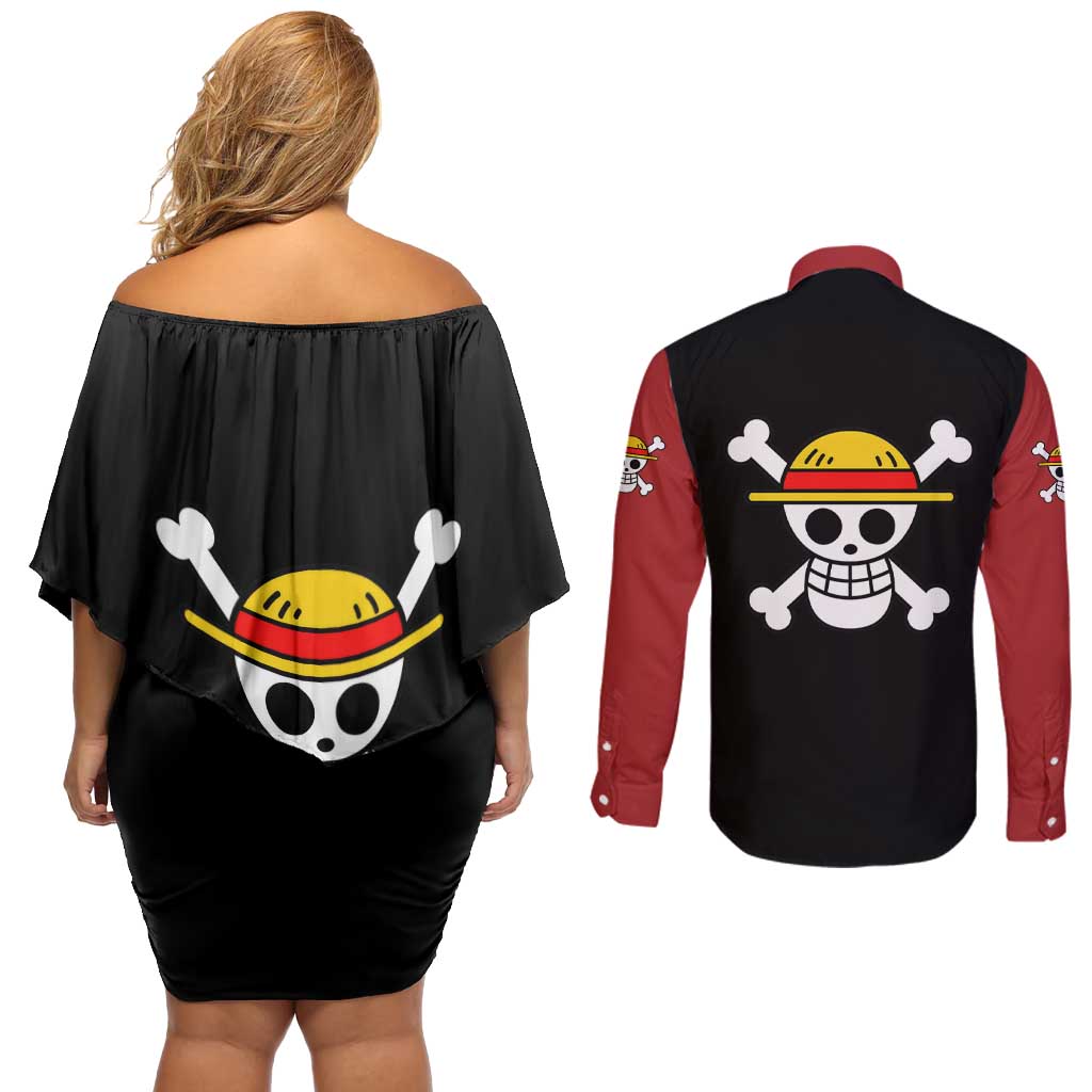 Monkey D. Luffy - One Piece Couples Matching Off Shoulder Short Dress and Long Sleeve Button Shirt Anime Mix Manga Style