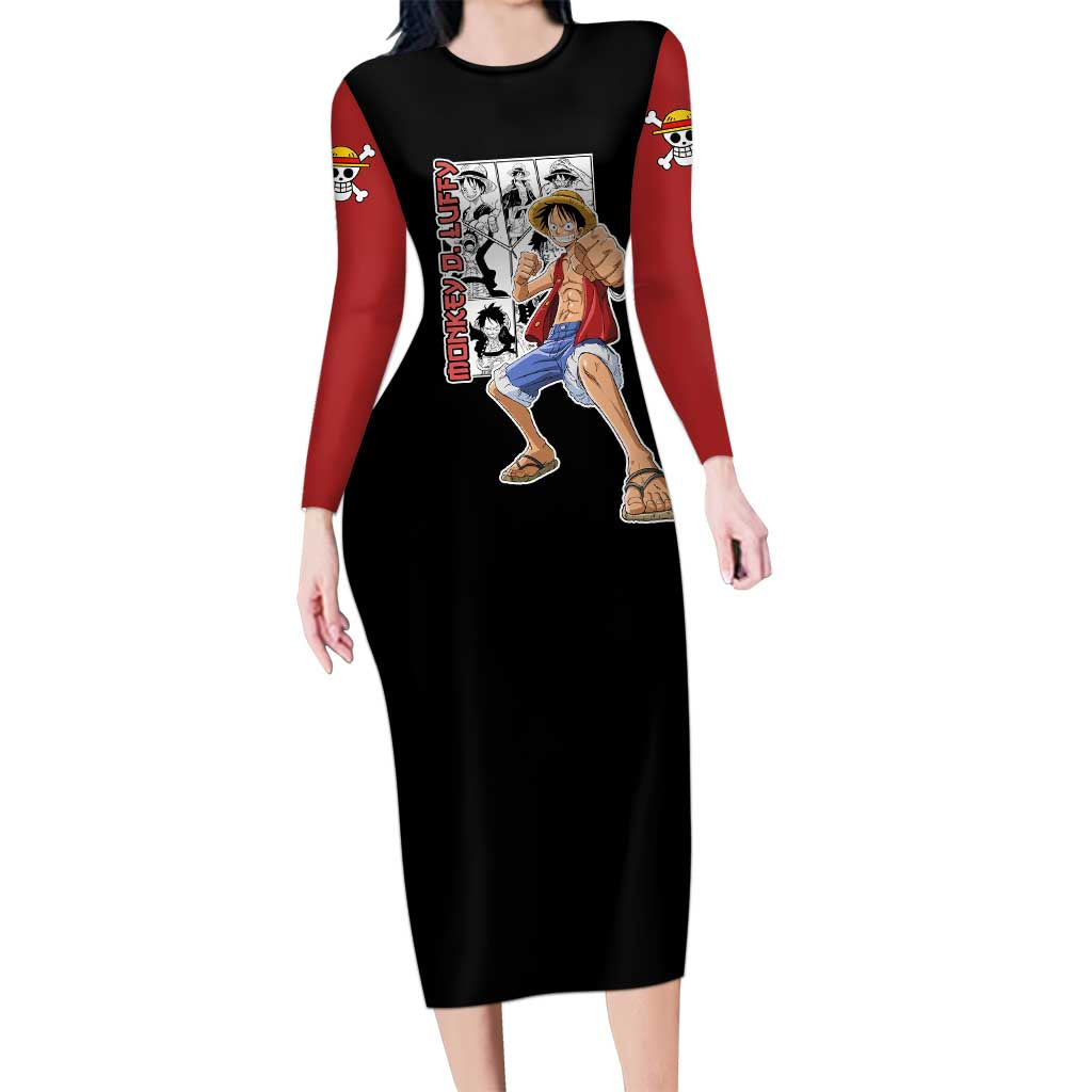 Monkey D. Luffy - One Piece Long Sleeve Bodycon Dress Anime Mix Manga Style