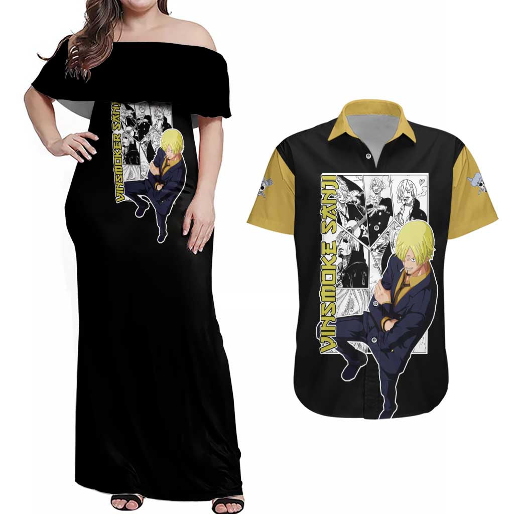 Vin Smoke Sanji - One Piece Couples Matching Off Shoulder Maxi Dress and Hawaiian Shirt Anime Mix Manga Style