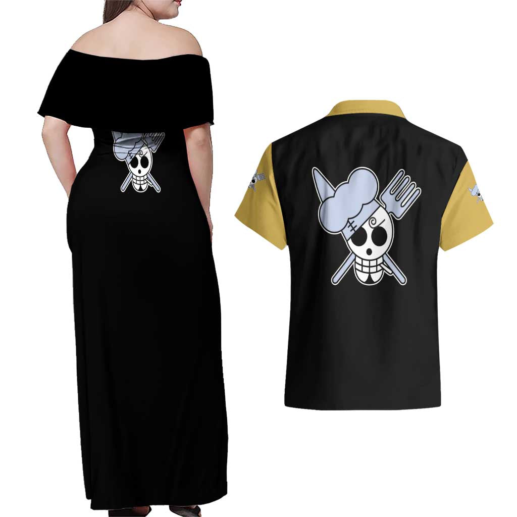 Vin Smoke Sanji - One Piece Couples Matching Off Shoulder Maxi Dress and Hawaiian Shirt Anime Mix Manga Style
