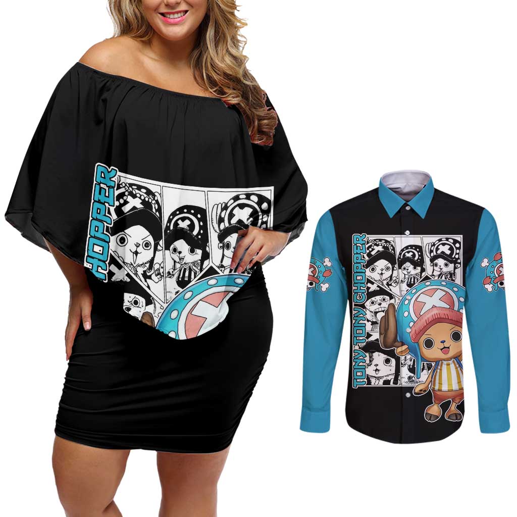 Tony Tony Chopper - One Piece Couples Matching Off Shoulder Short Dress and Long Sleeve Button Shirt Anime Mix Manga Style