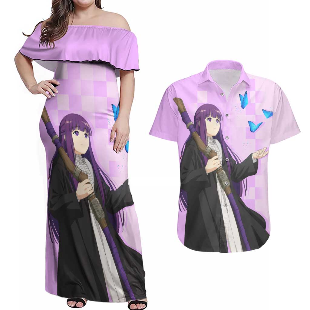 Fern - Frieren Couples Matching Off Shoulder Maxi Dress and Hawaiian Shirt Anime Style