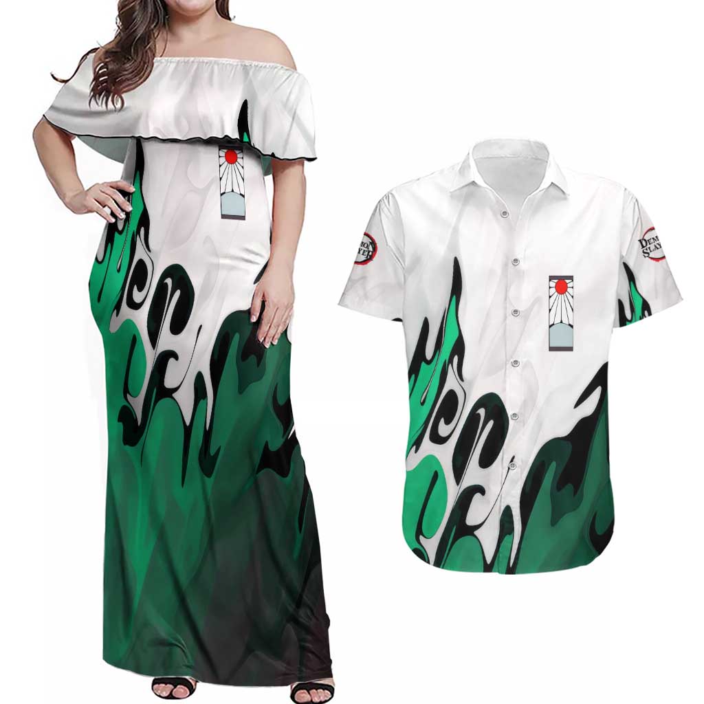 Tanjiro Kamado - Demon Slayer Couples Matching Off Shoulder Maxi Dress and Hawaiian Shirt Anime Style