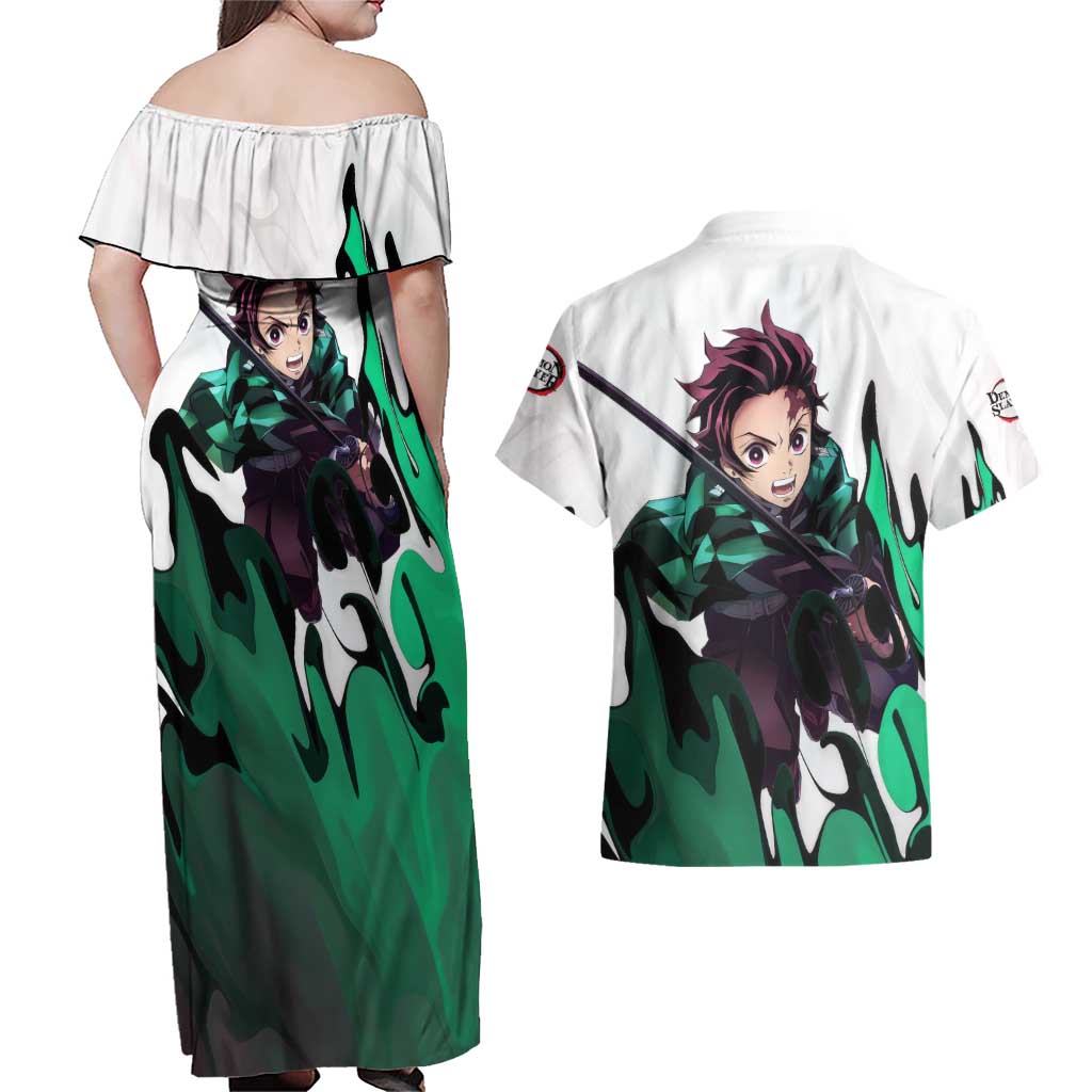 Tanjiro Kamado - Demon Slayer Couples Matching Off Shoulder Maxi Dress and Hawaiian Shirt Anime Style