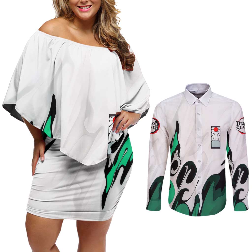 Tanjiro Kamado - Demon Slayer Couples Matching Off Shoulder Short Dress and Long Sleeve Button Shirt Anime Style