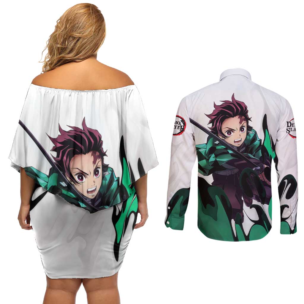 Tanjiro Kamado - Demon Slayer Couples Matching Off Shoulder Short Dress and Long Sleeve Button Shirt Anime Style