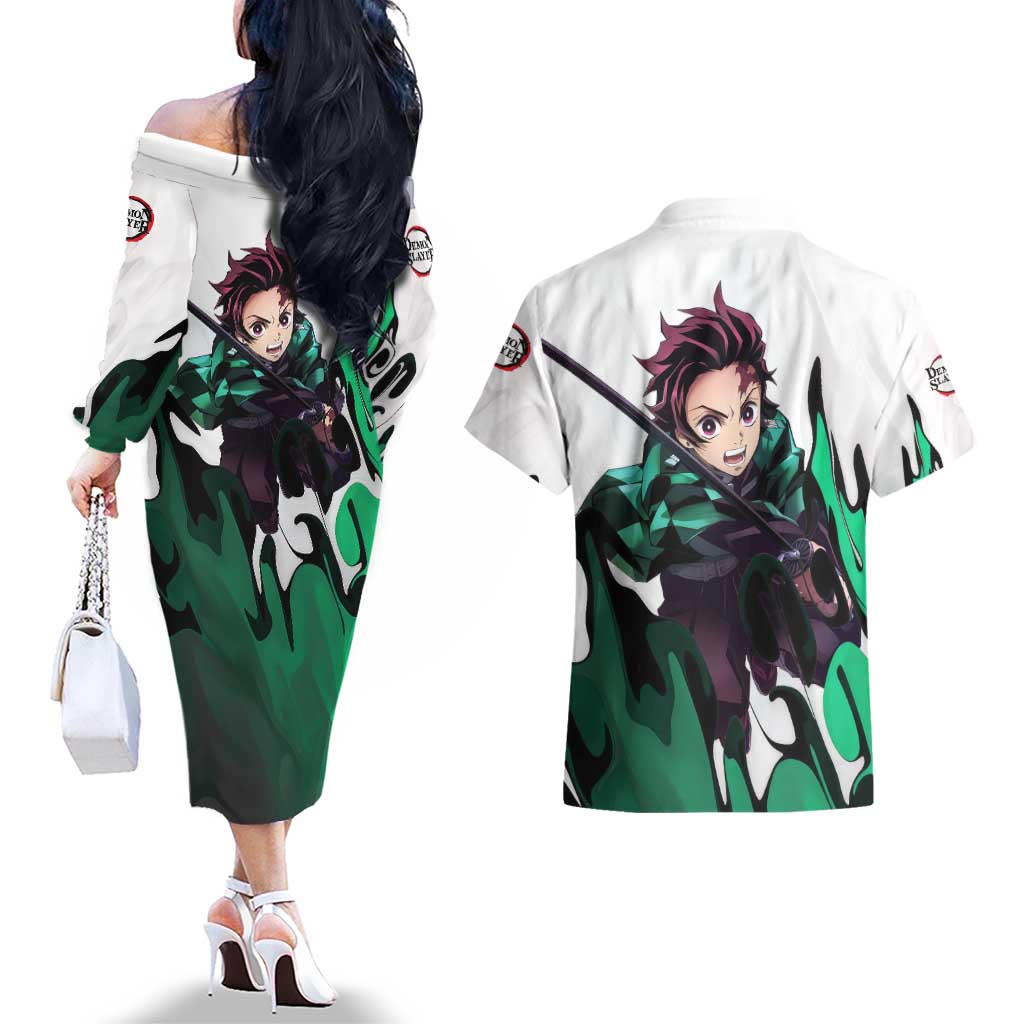 Tanjiro Kamado - Demon Slayer Couples Matching Off The Shoulder Long Sleeve Dress and Hawaiian Shirt Anime Style