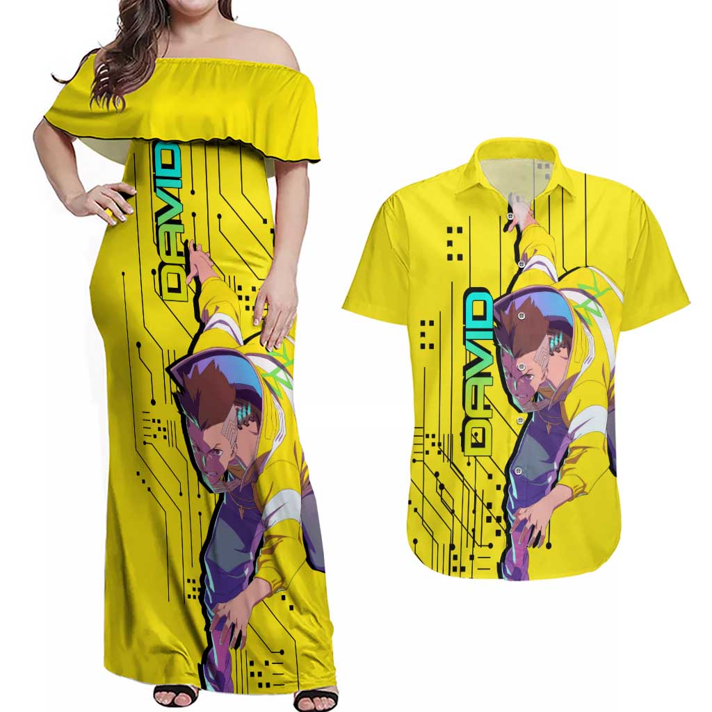 David - Cyberpunk Edgerunners Couples Matching Off Shoulder Maxi Dress and Hawaiian Shirt Anime Style