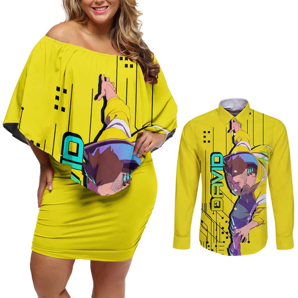 David - Cyberpunk Edgerunners Couples Matching Off Shoulder Short Dress and Long Sleeve Button Shirt Anime Style