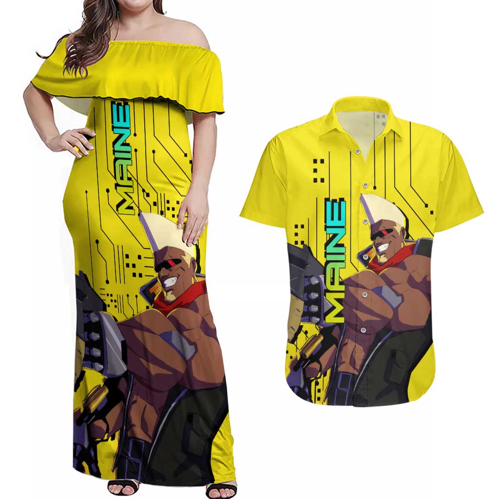Maine - Cyberpunk Edgerunners Couples Matching Off Shoulder Maxi Dress and Hawaiian Shirt Anime Style