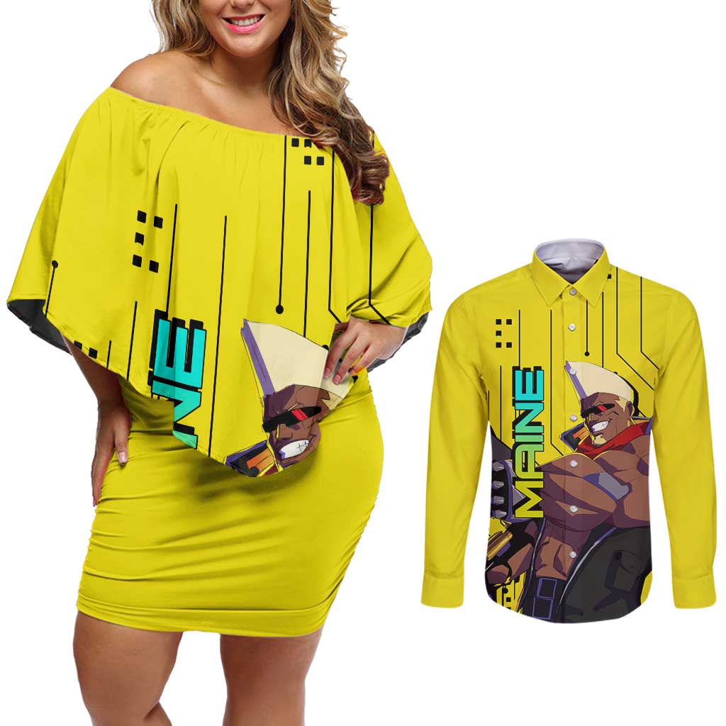 Maine - Cyberpunk Edgerunners Couples Matching Off Shoulder Short Dress and Long Sleeve Button Shirt Anime Style