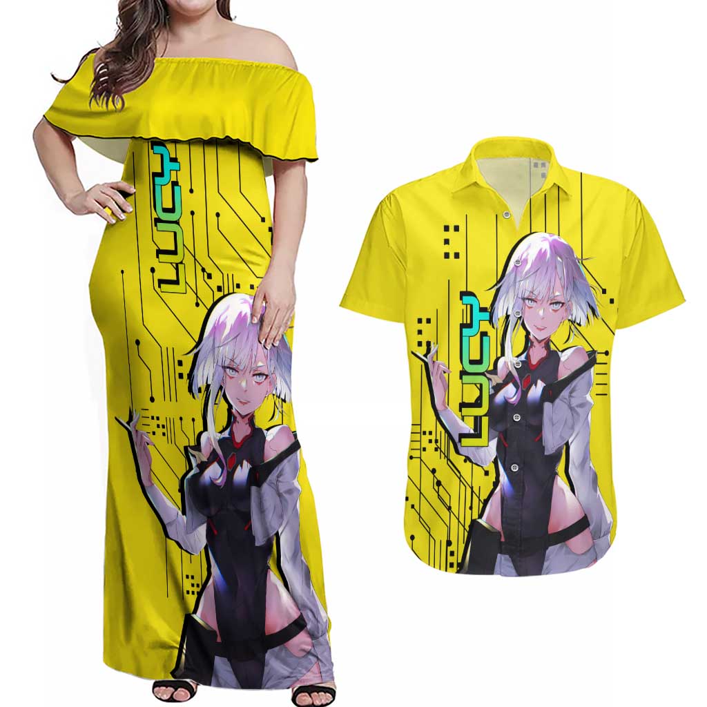 Lucy - Cyberpunk Edgerunners Couples Matching Off Shoulder Maxi Dress and Hawaiian Shirt Anime Style