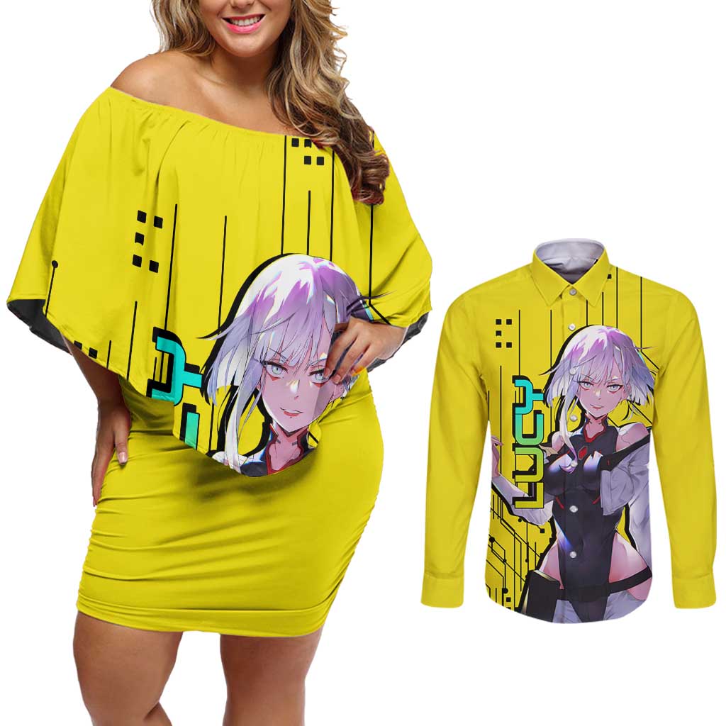 Lucy - Cyberpunk Edgerunners Couples Matching Off Shoulder Short Dress and Long Sleeve Button Shirt Anime Style