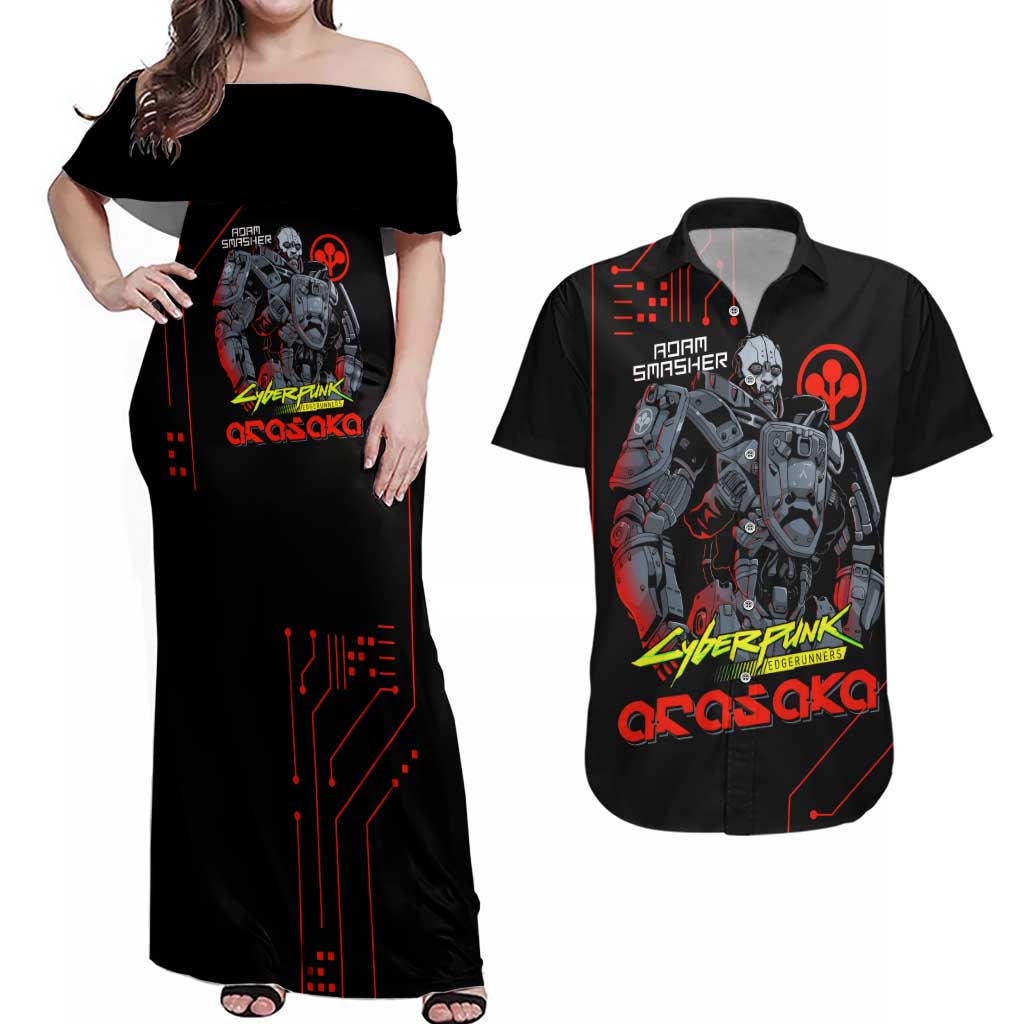 Adam Smasher - Cyberpunk Edgerunners Couples Matching Off Shoulder Maxi Dress and Hawaiian Shirt Anime Style