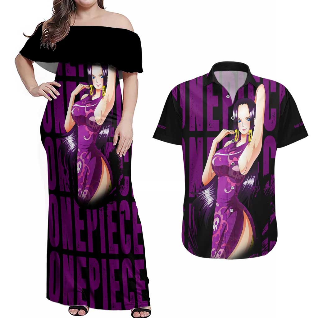 Boa Hancok - One Piece Couples Matching Off Shoulder Maxi Dress and Hawaiian Shirt Anime Style